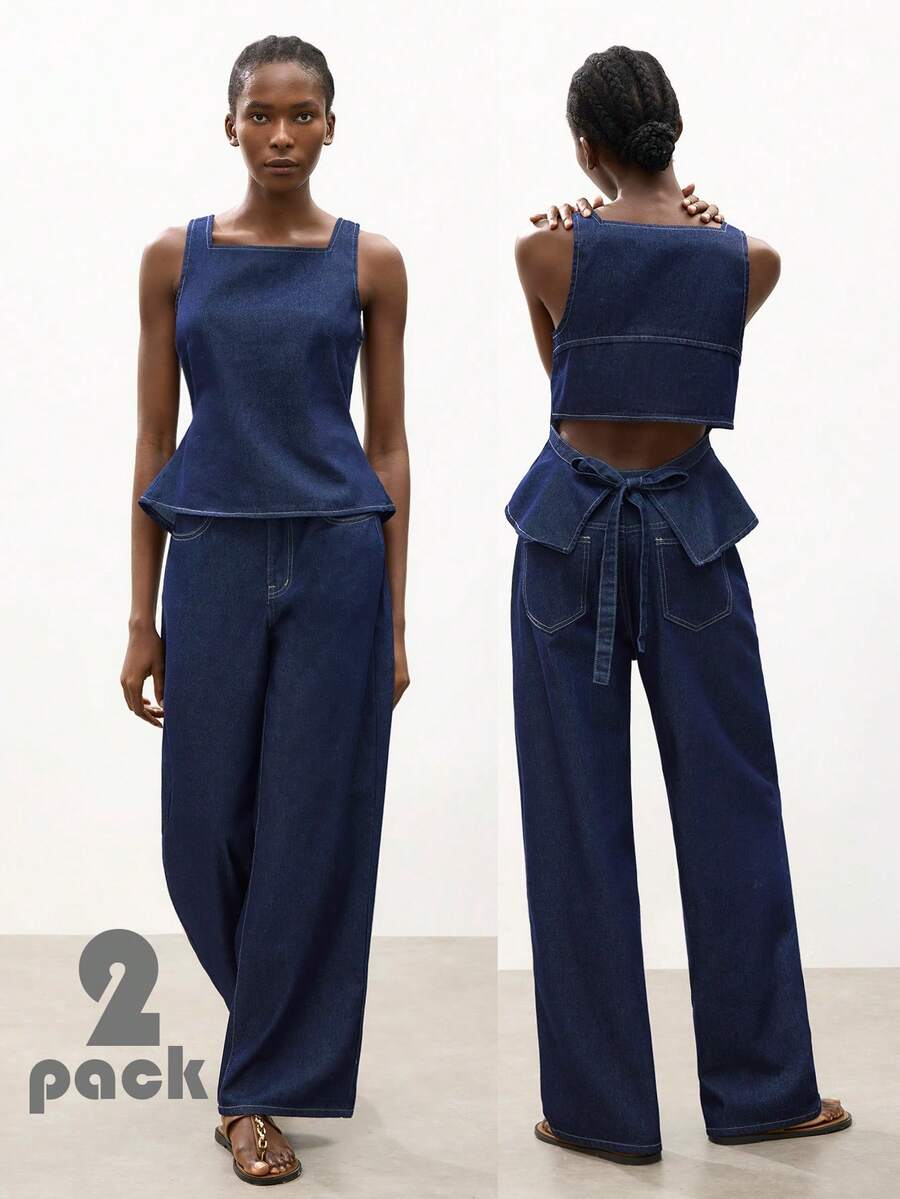 Maija Women's Casual Backless Tie Denim Vest And Pants Set, Summer - Dark Wash - View 1