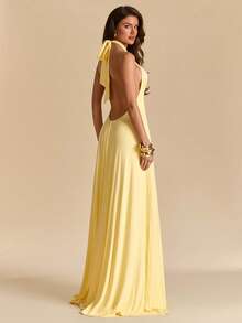 SHEIN BAE 纯黄色/浅黄色露背吊带针织长裙，适合海滩度假，宽松针织沙滩长裙，休闲连衣裙 - 淡黃色 - 查看 3