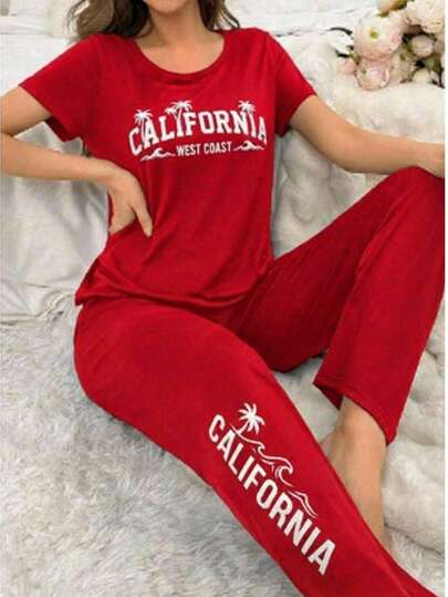 Conjunto De Pijama Para Mujer Con Camiseta De Manga Corta Y Pantalones Impresos Con Letras