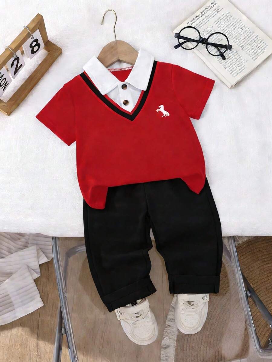 Genkimix Kids 2pcs/Set Young Boy Outfit,Summer,Family Matching,Back-To-School Red Knit Polo Shirt 2 In 1 Design,Small Pattern,Black Elastic Waist Pants Casual Set - Red - View 1