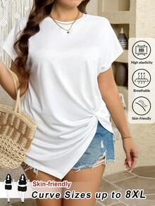 SHEIN CURVE+ Koszulka damska w dużym rozmiarze, jednokolorowa, z okrągłym dekoltem, krótkim rękawem i skręconym bokiem, na co dzień, na lato, na wakacje, na co dzień, na co dzień - Biały - Zobacz 2
