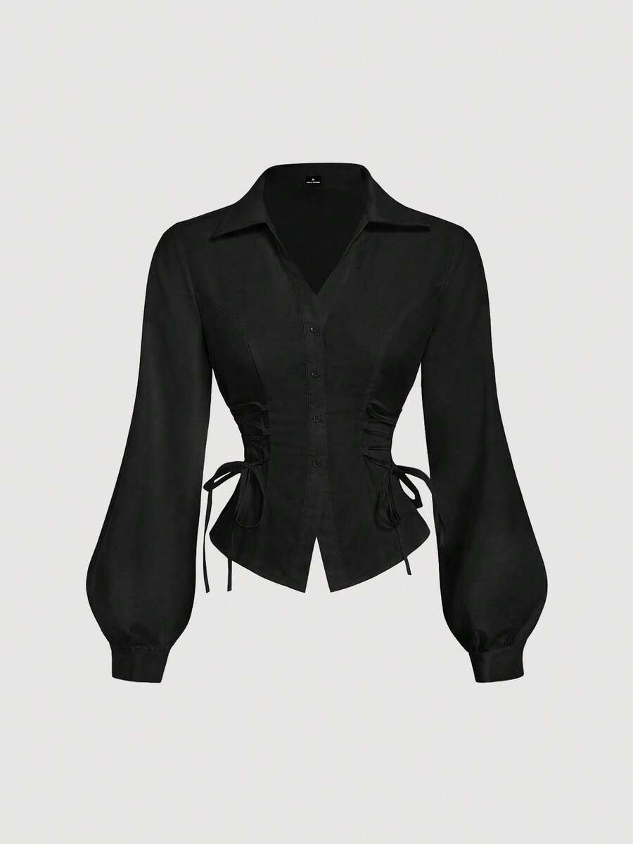SHEIN MOD 女士纯色灯笼袖系带时尚百搭衬衫 - 黑色 - 查看 1