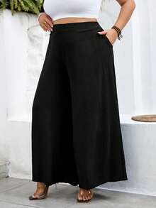 SHEIN CURVE+ Curve 尺码 US22 音乐节、海滨度假、波西米亚风女士高腰宽松纯黑色阔腿裤，带侧袋 - 黑色 - 查看 5