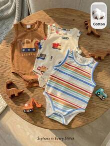 Cozy Pixies 3件套婴儿男女宝宝可爱卡通条纹图案针织连体衣，夏季 - 彩色 - 查看 1