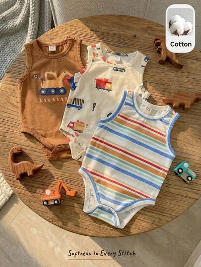 Cozy Pixies Set de 3 piezas de peleles de punto con estampado de rayas y dibujos animados lindos para bebé niño/niña, para verano