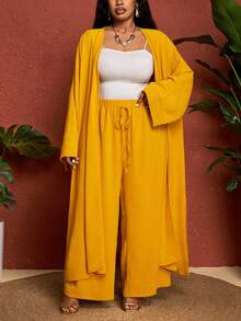SHEIN CURVE+ Curve 尺码 US22 音乐节、海滨度假、波西米亚纯色纹理宽松蝙蝠袖两件套 - 黃色 - 查看 8