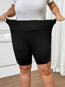 SHEIN CURVE+ Quần short ren phối màu cạp chun cho nữ cỡ lớn, trang phục mùa thu cho nữ, CURVE PLUS - màu đen - Xem 5