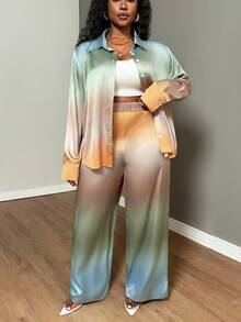 SHEIN CURVE+ Bộ áo sơ mi dài tay dáng rộng in họa tiết nhuộm tie-dye dành cho nữ cỡ lớn, có túi và cúc cài. - Nhiều màu - Xem 5
