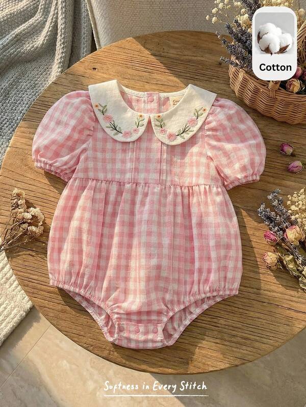 Cozy Pixies Baby Girl Floral Print Contrast Color Peter Pan Collar Bubble Sleeve Romper, Versatile & Comfortable Cotton Clothing For Baby Girls Baby Girl Clothes Peter Pan Collar Baby Girl Cottagecore Baby Girl Farm Clothes