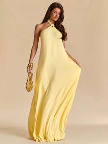 SHEIN BAE 纯黄色/浅黄色露背吊带针织长裙，适合海滩度假，宽松针织沙滩长裙，休闲连衣裙 - 淡黃色 - 查看 2