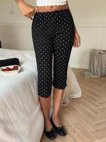 SHEIN EZwear Black Polka Dot Skinny 7/8 Length Pants, Casual & Commute - Black - View 6