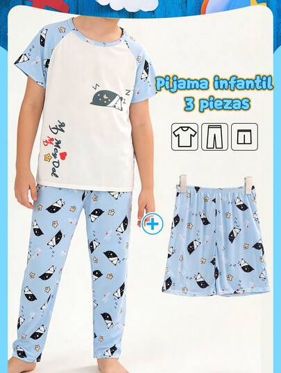 Pijama Infantil para Niño Primavera/Verano 3 Piezas Camiseta de Manga Corta + Pantalón Largo + Short | Suave y Cómodo para Dormir y Estar en Casa