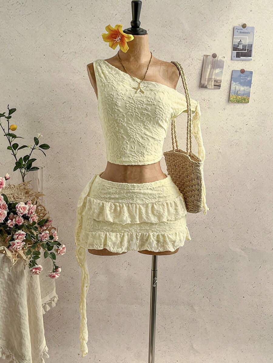 Soleia 女士夏季休闲纯色提花不对称领荷叶边下摆背心和半裙两件套 - 黃色 - 查看 1