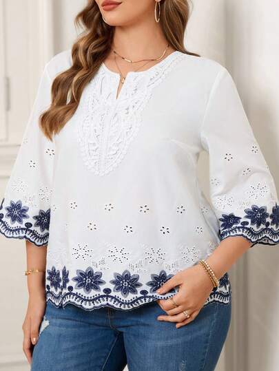 EMERY ROSE 大码蕾丝拼接刺绣镂空休闲百搭衬衫