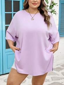 SHEIN CURVE+ Curve Size US22Music Festival, Seaside Vacation, Bohemia Women's Spring And Summer Fashion Casual Loose Comfortable Basic Daily Black Hem Split Short-Sleeved T-Shirt,Simlpe Style,Going Out Tops, T Shirt,Airport Outfit For Women,European Summer/Autumn /Winter, Summer Tops - Mauve Purple - View 4