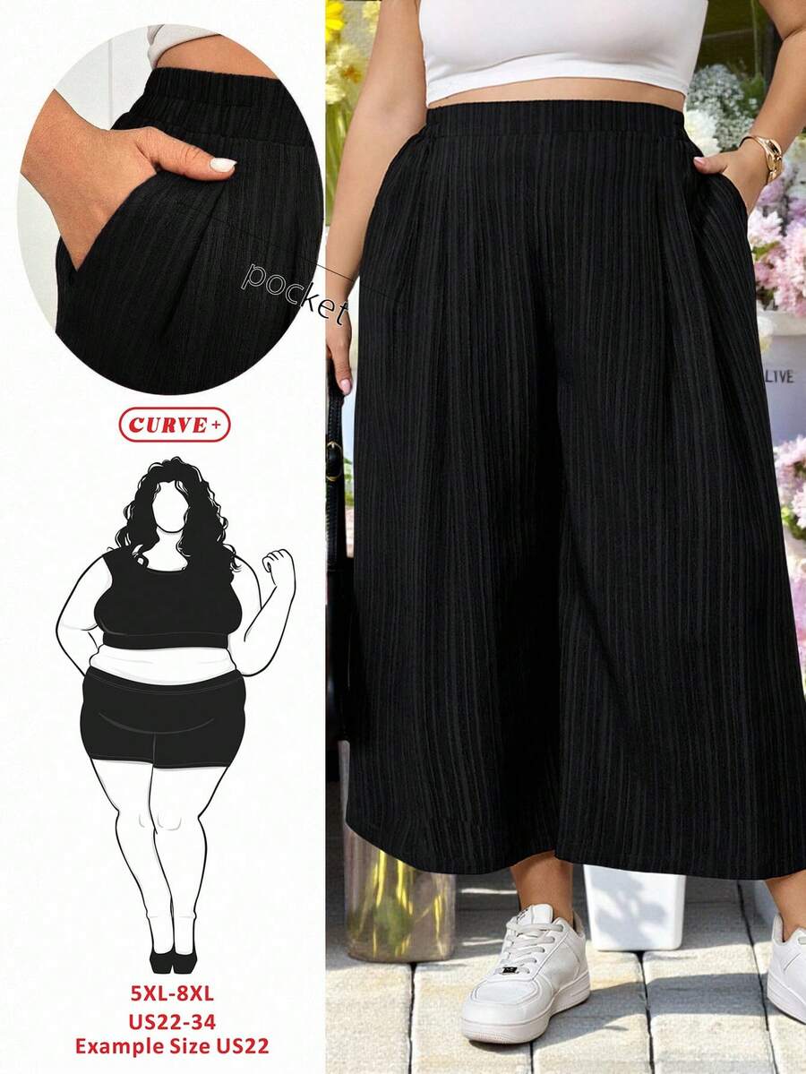 SHEIN CURVE+ Quần ống rộng màu hồng dành cho nữ cỡ lớn, thời trang xuân hè, thoải mái, thoáng mát, cơ bản, đa năng, chất liệu vải mềm mại, cạp chun, kiểu dáng đơn giản, thích hợp mặc hàng ngày, cạp chun, dáng lửng, phong cách châu Âu, mùa hè, quần Capri, quần đi nghỉ mát/2026/Năm mới