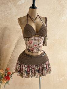 Soleia Bộ đồ 2 mảnh dành cho nữ: áo và chân váy không tay cổ yếm in hoa và kẻ caro, trang phục mùa hè thời trang. - Nhiều màu - Xem 1