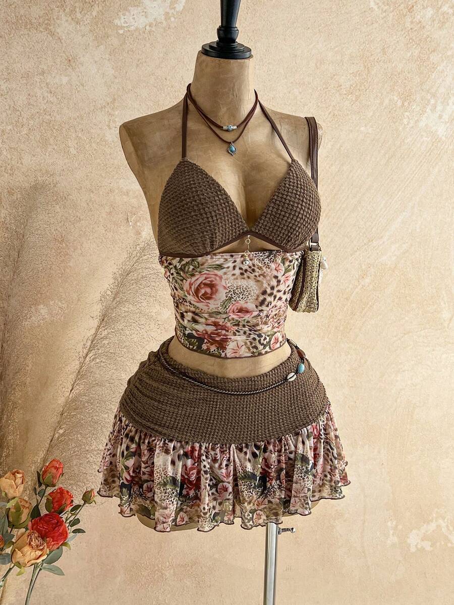 Soleia Bộ đồ 2 mảnh dành cho nữ: áo và chân váy không tay cổ yếm in hoa và kẻ caro, trang phục mùa hè thời trang. - Nhiều màu - Xem 1