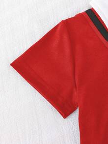 Genkimix Kids 2pcs/Set Young Boy Outfit,Summer,Family Matching,Back-To-School Red Knit Polo Shirt 2 In 1 Design,Small Pattern,Black Elastic Waist Pants Casual Set - Red - View 3