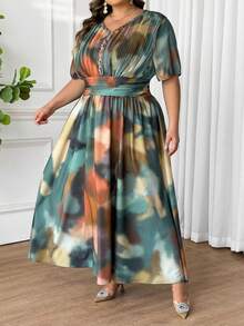 SHEIN CURVE+ 大码V领扎染图案优雅浪漫收腰A字型长裙 - 彩色 - 查看 9