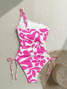 Vivid Eden Traje de baño de una pieza para mujer con estampado integral, diseño de torsión y detalle de volantes, adecuado para vacaciones en la playa, fiesta en la piscina, fiesta en la playa - Rosa - Ver 3