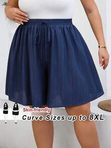 SHEIN CURVE+ Plus Size Curve US22Music Festival, Seaside Vacation, Bohemia Women Casual Plain Loose Shorts Navy Blue Summer Wide Leg Shorts,Holiday For - Blue - View 8