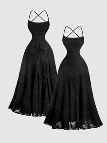 SHEIN MOD Women's Apricot Knitted Jacquard Backless Dress, Elegant Party Dress, New Year Dress - Black - View 1