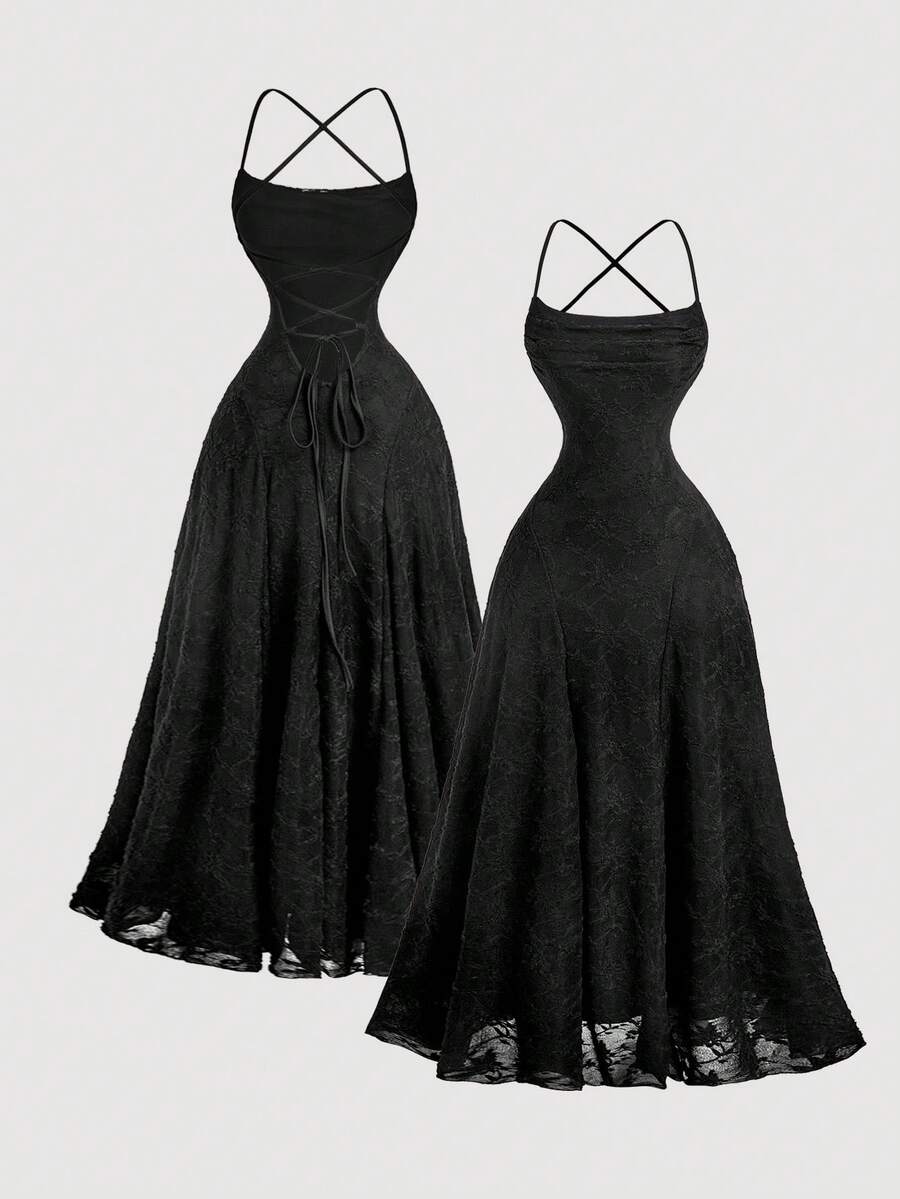 SHEIN MOD Women's Apricot Knitted Jacquard Backless Dress, Elegant Party Dress, New Year Dress - Black - View 1