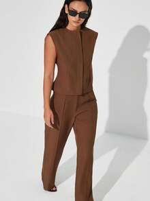Aveloria Modichic Women's Sleeveless Zipper Shoulder Wide Vest & Straight Leg Pants Set - Brown - View 3