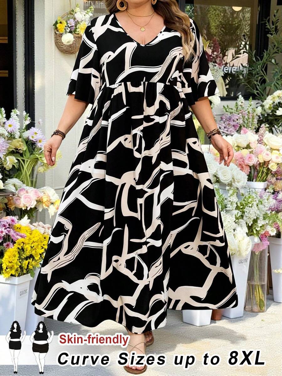 SHEIN CURVE+ Váy cỡ US22 dành cho nữ, thích hợp cho lễ hội âm nhạc, kỳ nghỉ bên bờ biển, phong cách bohemian. Váy mùa hè in hoa, cổ chữ V, tay bồng, thắt eo.