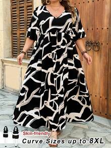 SHEIN CURVE+ Váy cỡ US22 dành cho nữ, thích hợp cho lễ hội âm nhạc, kỳ nghỉ bên bờ biển, phong cách bohemian. Váy mùa hè in hoa, cổ chữ V, tay bồng, thắt eo. - Màu xanh lam - Xem 10