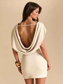 SHEIN BAE 女士纯色不对称露肩露背垂褶领修身迷你连衣裙，优雅沙滩度假装 - 杏色 - 查看 5