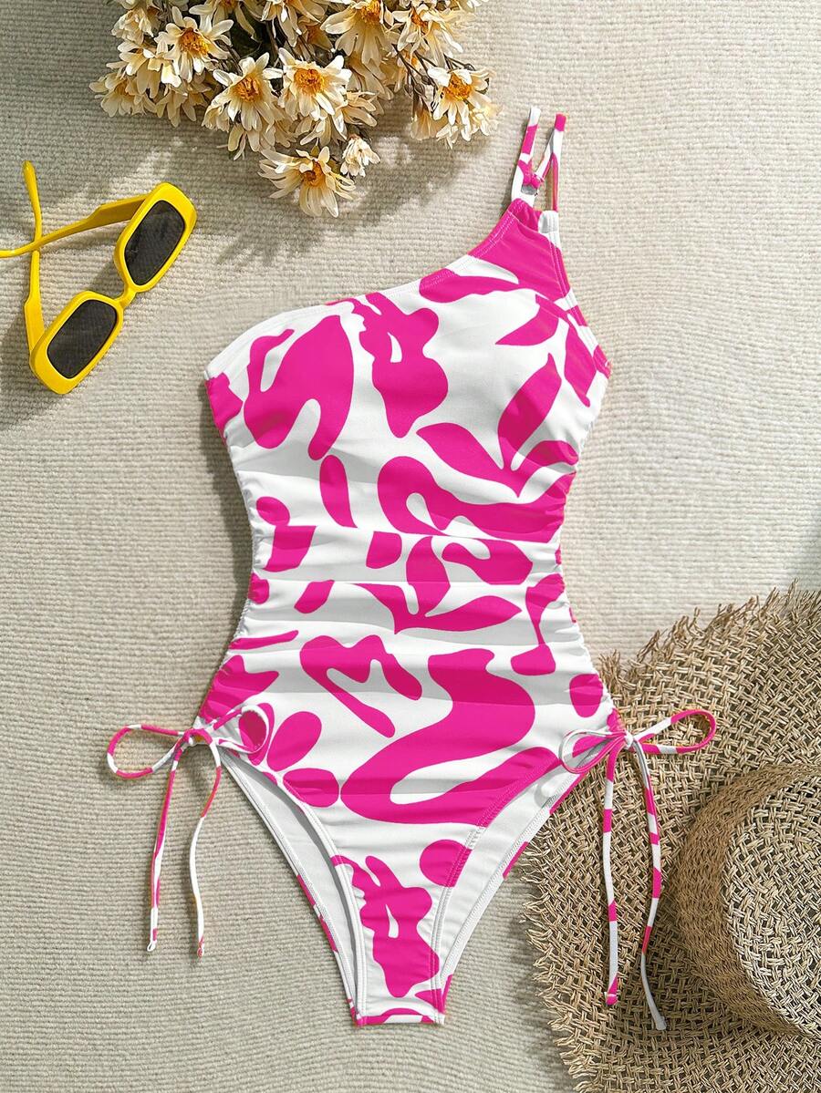 Vivid Eden Traje de baño de una pieza para mujer con estampado integral, diseño de torsión y detalle de volantes, adecuado para vacaciones en la playa, fiesta en la piscina, fiesta en la playa