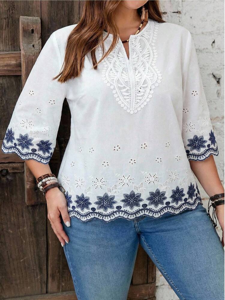 Plus Size Lace Patchwork Embroidery Hollow Out Casual Versatile White Boho Top Tunic Blouse Summer Beach Holiday Casual Going Out Tops Boho