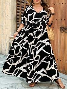 SHEIN CURVE+ Váy cỡ US22 dành cho nữ, thích hợp cho lễ hội âm nhạc, kỳ nghỉ bên bờ biển, phong cách bohemian. Váy mùa hè in hoa, cổ chữ V, tay bồng, thắt eo. - Màu xanh lam - Xem 7