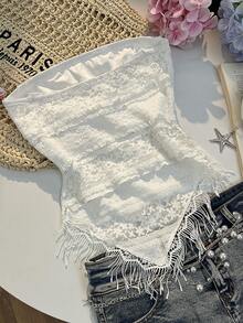 Elamini Women's Casual Fashionable Everyday Versatile Textured Jacquard Fabric Fringe Trim Asymmetric Hem Tube Top, Spring/Summer - White - View 2