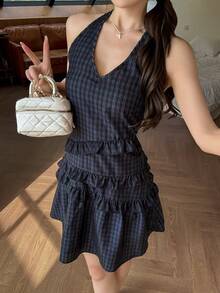 K-Vae V领格子迷你连衣裙，甜美设计感夏季连衣裙 - 藏蓝色 - 查看 5