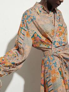 Aveloria Modichic 油画风格蓝橙印花裹身系带连衣裙，法式浪漫艺术气息，适合周末去美术馆约会 - 彩色 - 查看 6