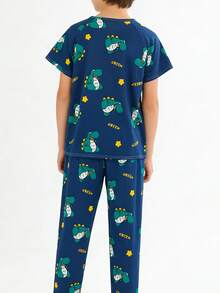 Pijama Infantil para Niño Primavera/Verano 3 Piezas Camiseta de Manga Corta + Pantalón Largo + Short | Suave y Cómodo para Dormir y Estar en Casa - Azul marino - Ver 2