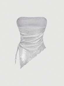 SHEIN MOD Asymmetrical Hem Tie-Up Fashionable Summer Ruched Women Tube Top - Silver - View 2