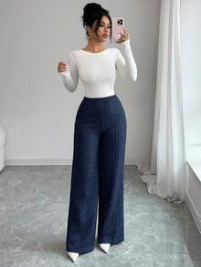 Elenzga 针织弹力休闲女裤，高腰修身优雅长裤，秋季新品 - 藏蓝色 - 查看 5