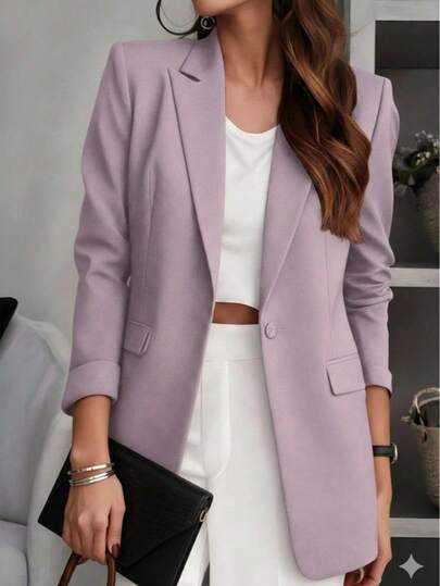 Blazer Saco de Cuello Chal  Dama Mujer Color Lila Pastel con Cierre de Botón Único y Bolsillos Delanteros Estilo Casual Elegante de Manga Larga para Mujer Oficina