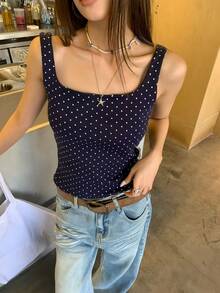 K-Vae Summer Minimalist Wide Strap Fitted Camisole - Navy Blue - View 3