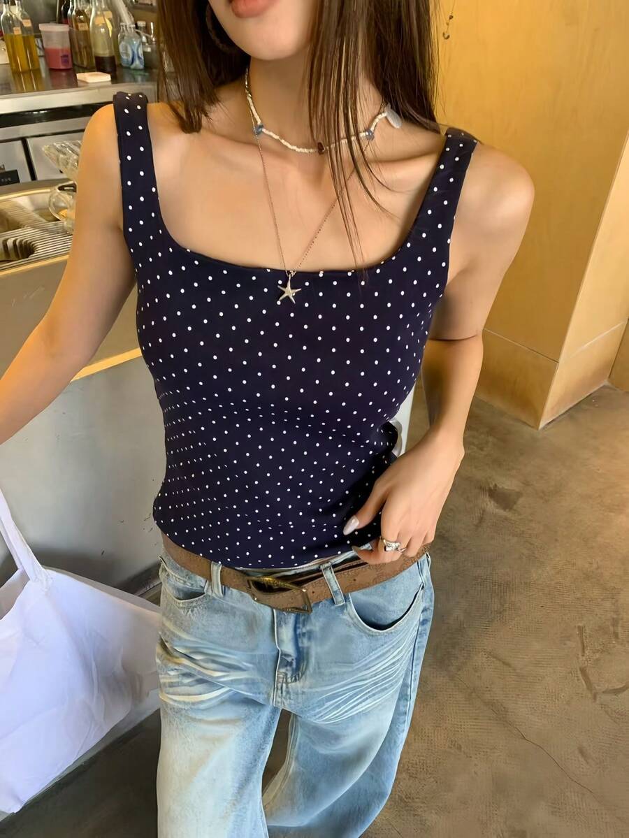 K-Vae Summer Minimalist Wide Strap Fitted Camisole - Navy Blue - View 1