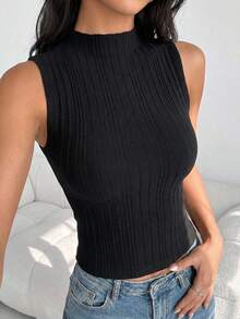 Top de punto acanalado para mujer, sin mangas, cuello alto, ajuste ceñido, tejido elástico, blusa casual ideal para outfits frescos y modernos - Negro - Ver 3