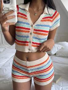 Set de dos Piezas de Playa, Shorts y Top Tejidos de Mujer, Casuales,JUEGO DE 2 PIEZAS - Beis - Ver 4