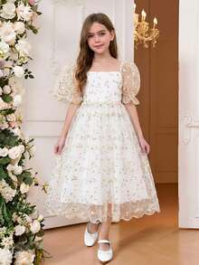 Tween Girl Woven Mesh Embroidered Square Collar Fitted Petal Sleeve Princess Dress - White - View 7