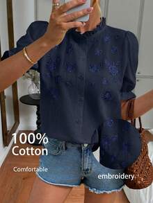 Easowa Women's Casual Embroidered Cotton White Shirt For Vacation - Navy Blue - View 1