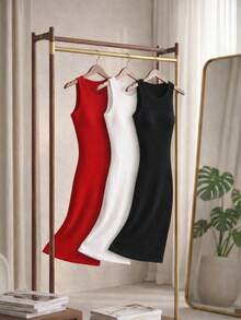 Paquete 3 Vestidos Cortos Ajustados Mujer Tela Acanalada Sin Mangas Cuello Redondo Realza Figura Básico Casual Cómodo - Rojo, Blanco y Negro - Ver 2