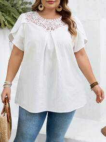 SHEIN CURVE+ Curve Size US22 音樂節海邊度假波希米亞風女款蕾絲花卉印花花瓣短袖襯衫 夏季鄉村海灘度假穿搭/海灘穿著 - 白色 - 查看 7